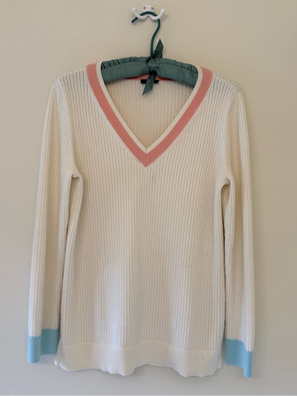 Talbots Cream V-Neck Sweater with Pink Neckline and Light Blue Cuffs